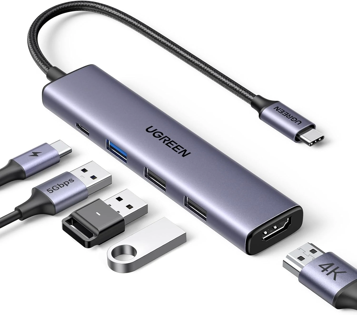 Adaptador Hub Ugreen 5 em 1 HDMI 4K + 4 Portas USB 3.0 Ultra Slim para Macbook, iPad Pro, XPS