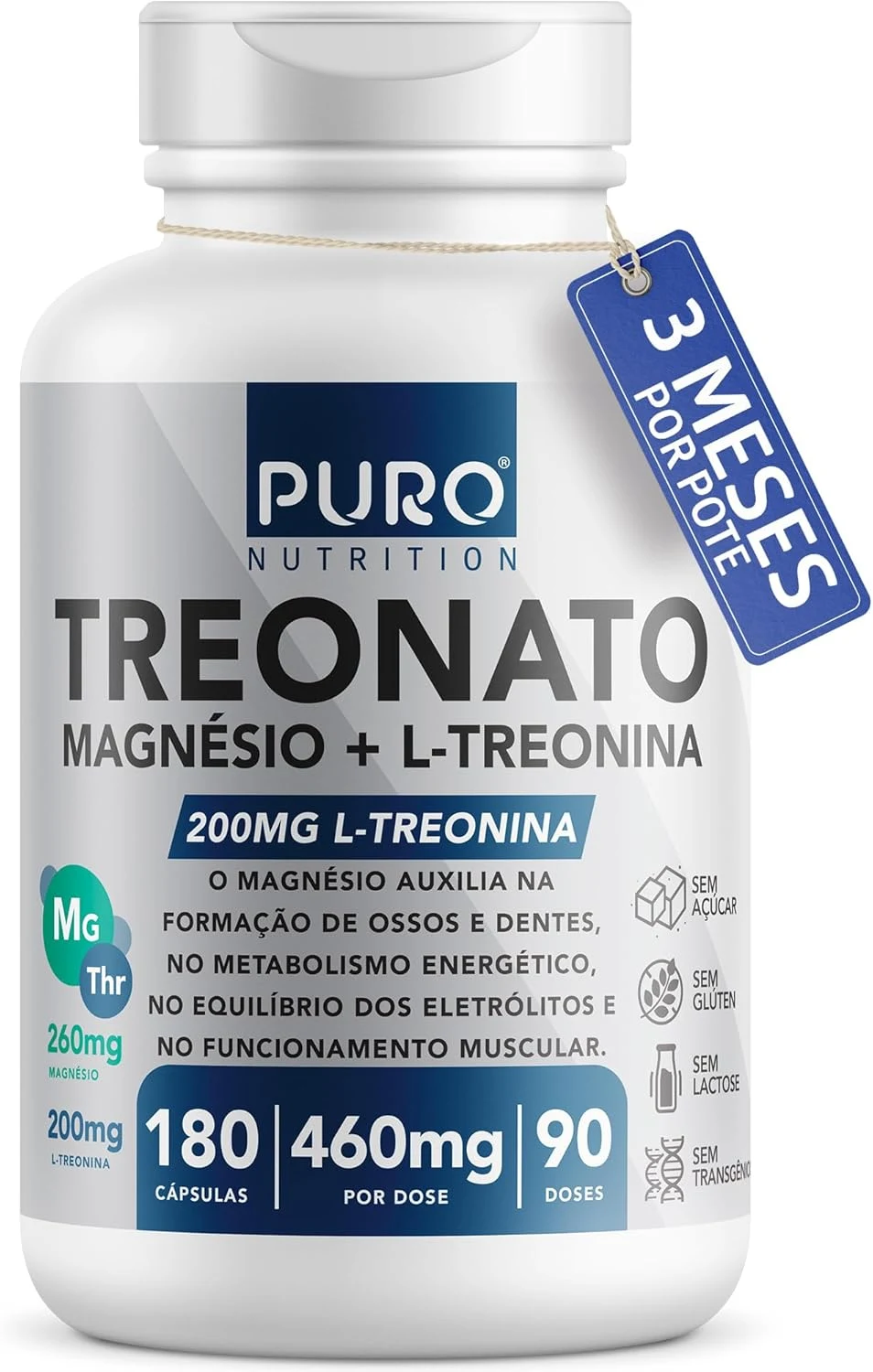 Treonato Magnésio + L-Treonina, Alto Teor de Magnésio por Porção com180 Cápsulas